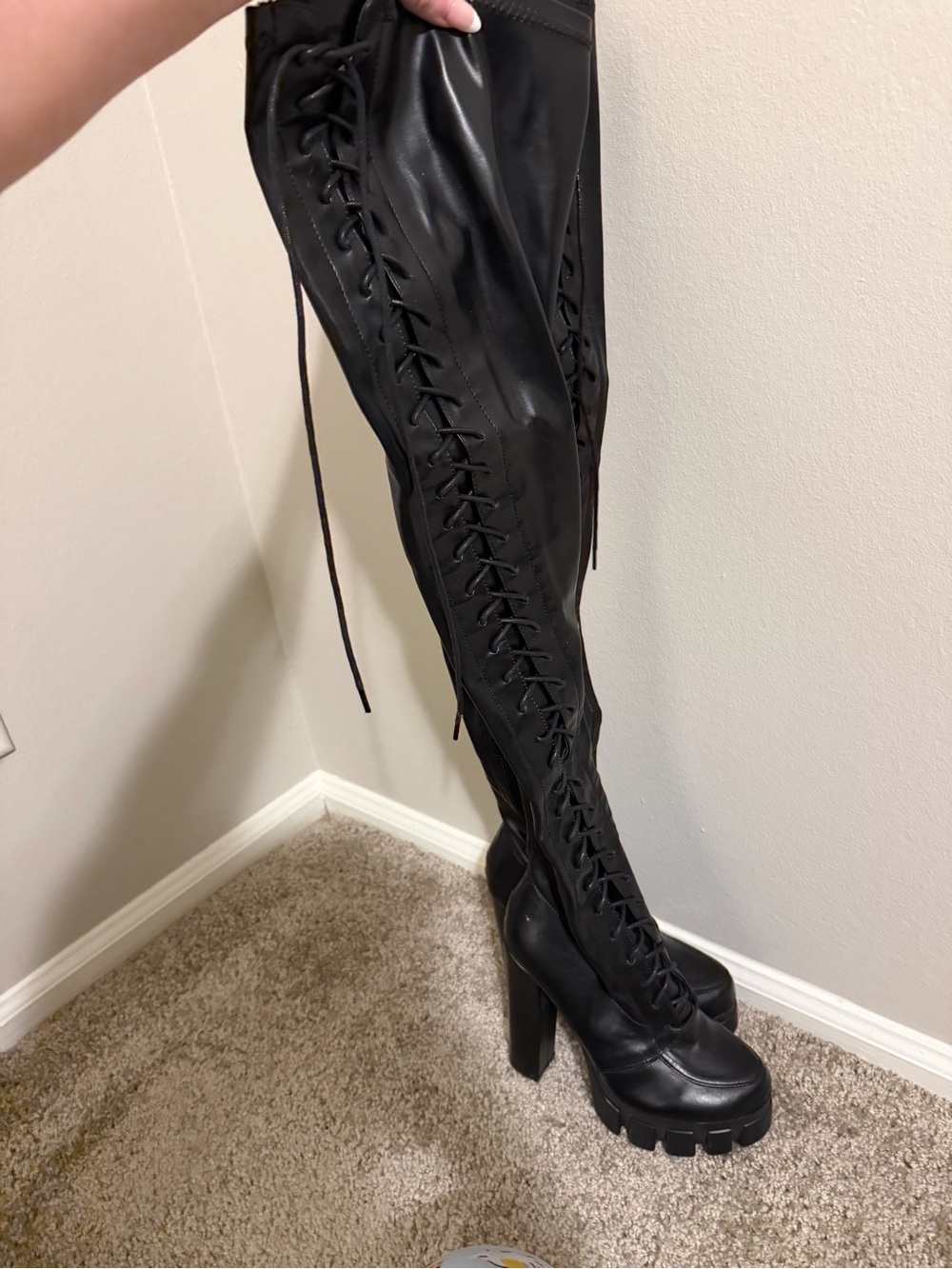 Black Lace-Up Thigh High Catwoman Halloween Costume Platform Boots